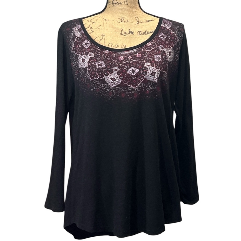 Lucky Brand Black Long Sleeve Tee with Burgundy and White Printed Yoke